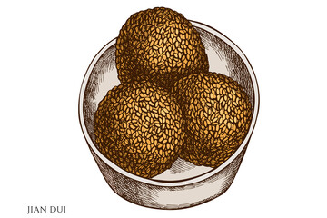 Asian food hand drawn vector illustrations collection. Colored jian dui.