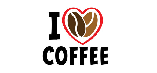 Cartoon slogan i love coffee. Coffee break or time. Drawing coffee up. Coffee time. Vector quote icon or logo. Love, heart and beens doodle. Shining heart aroma. 