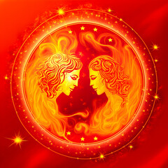The astrological sign Gemini, surrounded by a circle of fire and red flames, represents hell and passion. A vibrant and energetic image, giving off heat.