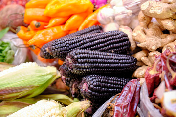 Maiz morado (purple corn) in a popular market in Quito