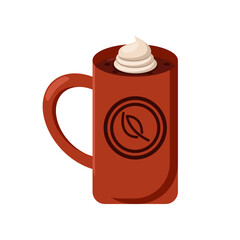 Cup of hot chocolate with cream cartoon illustration. Sweet fall and Halloween dessert drink isolated on white background. Food, beverage concept.