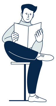Sitting young man reading book. Book lover icon