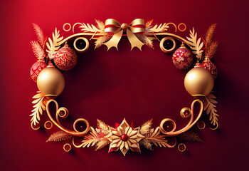 Merry Christmas sign banner frame with empty space and festive decoration on red background Ai-generated. generative ai