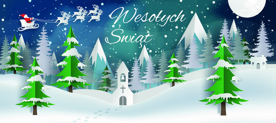 Karta lub baner na Wesołych Świąt w kolorze białym na niebieskim tle z zorzą polarną, płatkami śniegu, saniami Świętego Mikołaja i zaśnieżonym wzgórzem z jodłami - obrazy, fototapety, plakaty