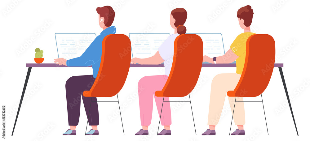 Poster programmers working at computer desk back view. teamwork workplace