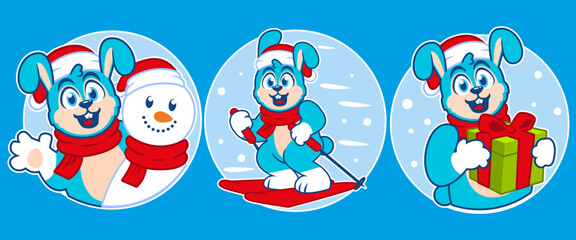 flat design bunny winter christmas stickers
