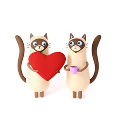 Happy Valentine's Day. Romantic couple сats creative composition. Realistic 3d Cartoon cute cats. Festive decorative objects, heart red, cup. Love time. 3D render. White background