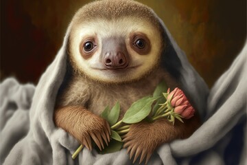 Cute fluffy baby sloth with rose illustration 
