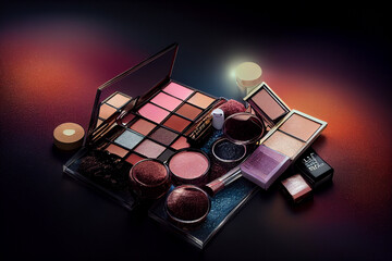 Cosmetics with cosmetic palette and space on blurred background.