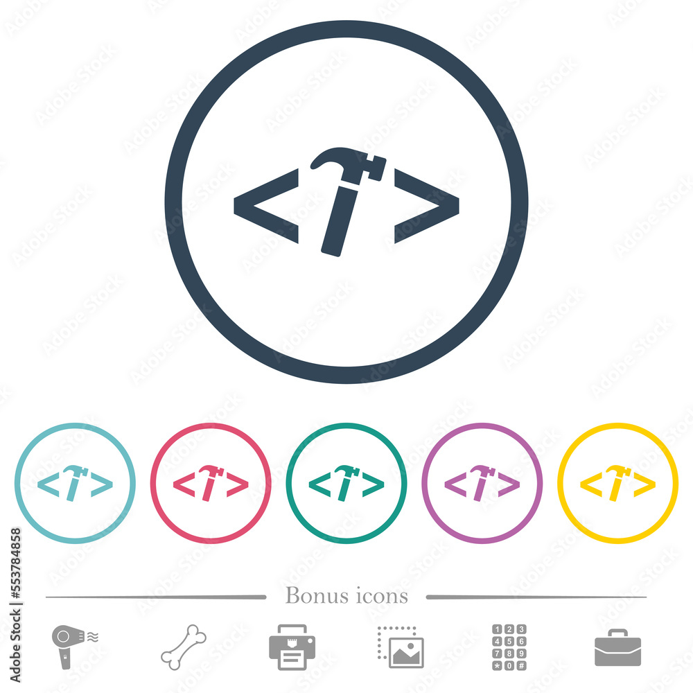 Poster web development with hammer flat color icons in round outlines
