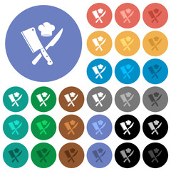Crossed meat cleaver and knife with chef hat round flat multi colored icons