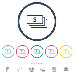 Fototapeta premium American dollar banknotes outline flat color icons in round outlines