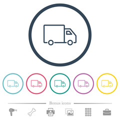Delivery truck side view outline flat color icons in round outlines