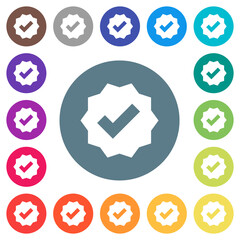 Verified sticker solid flat white icons on round color backgrounds