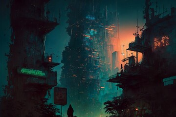 Dystopian cyberpunk metropolitan with skyscrapers