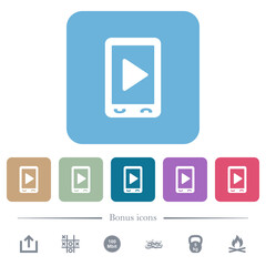 Mobile play media flat icons on color rounded square backgrounds