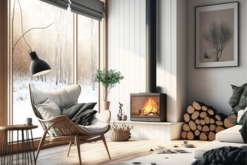 Modern interior japan style design living room. Lighting and bright. Scandinavian apartment with plaster and wood and fireplace