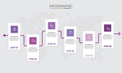 Infographics design 6 steps with marketing icons can be used for workflow layout, diagram, annual report, web design.
