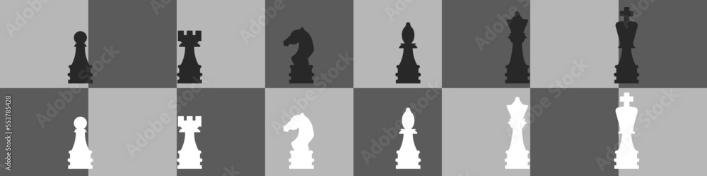 Poster vector set of chess pieces on a chess background. a set of chess pieces. figures of an elephant, a s