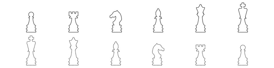 Vector set of chess pieces. A set of chess pieces. Figures of an elephant, a soldier, a king, a queen, a pawn for chess.