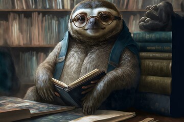 Anthropomorphic clever sloth in library illustration - obrazy, fototapety, plakaty
