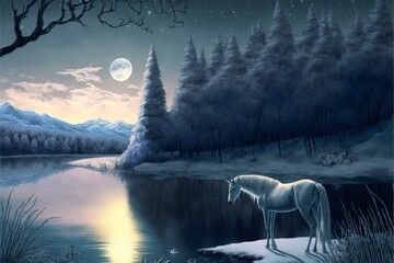 Greyish landscape with a unicorn in the midnight moon light
