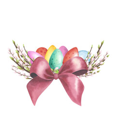 Willow pussy nest watercolor with colored eggs, red bow isolated on white. Hand drawing Easter illustration design