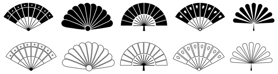 Hand fan icons collection. Folding eastern accessory. Vector illustration isolated on white background