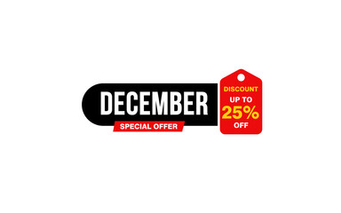 25 Percent december discount offer, clearance, promotion banner layout with sticker style.