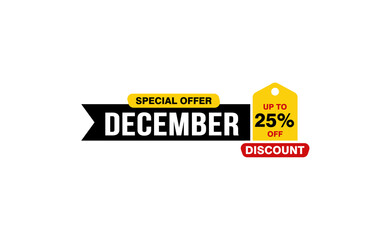 25 Percent december discount offer, clearance, promotion banner layout with sticker style.