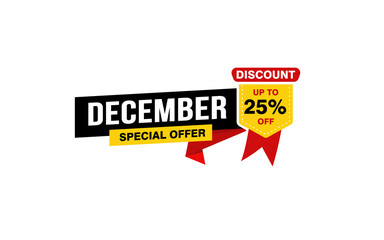 25 Percent december discount offer, clearance, promotion banner layout with sticker style.