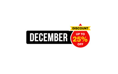 25 Percent december discount offer, clearance, promotion banner layout with sticker style.