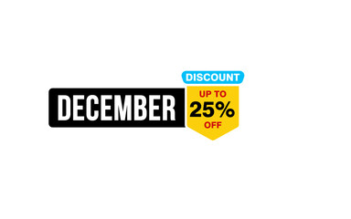 25 Percent december discount offer, clearance, promotion banner layout with sticker style.