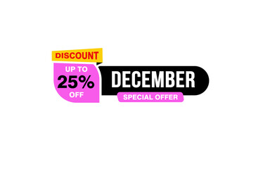 25 Percent december discount offer, clearance, promotion banner layout with sticker style.