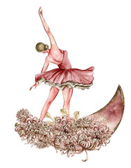 Watercolor dancing pink pretty ballerina with flowers and moon. Watercolor hand drawn illustration. Can be used for cards or posters. With white isolated background. Young  pretty ballerina women.