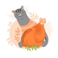the cat is eating. roast turkey. chicken dish. cat with fried bird. vector illustration
