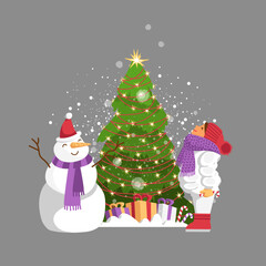 christmas tree. a child in warm clothes. Christmas Eve. vector illustration of a baby and a snowman near a Christmas tree