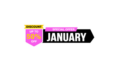 50 Percent JANUARY discount offer, clearance, promotion banner layout with sticker style. 