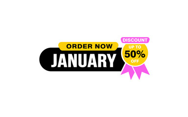 50 Percent JANUARY discount offer, clearance, promotion banner layout with sticker style. 