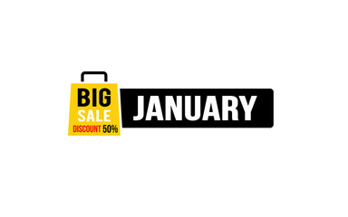 50 Percent JANUARY discount offer, clearance, promotion banner layout with sticker style. 