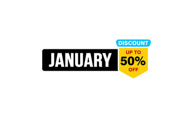 50 Percent JANUARY discount offer, clearance, promotion banner layout with sticker style. 