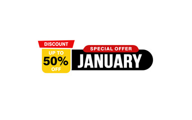 50 Percent JANUARY discount offer, clearance, promotion banner layout with sticker style. 