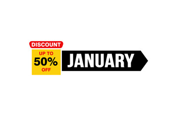 50 Percent JANUARY discount offer, clearance, promotion banner layout with sticker style. 