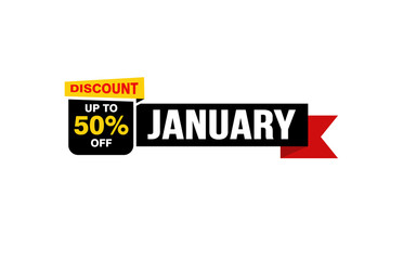 50 Percent JANUARY discount offer, clearance, promotion banner layout with sticker style. 