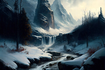 Winterlandschaft in den Bergen mit einem Fluss und Wasserfall im Winter, Illustration