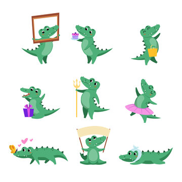 Cute comic crocodile in different poses vector illustrations set. Alligator cartoon character holding banner, dancing, getting birthday gift isolated on white background. Wildlife, emotions concept