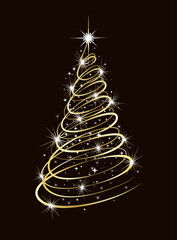 Bright gold Christmas tree. Christmas tree in gold color with glowing lights on a dark background
