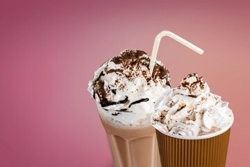 Tasty cold coffee with cream in glass