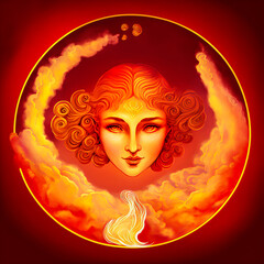 Virgo astrological sign surrounded by a ring of fire and red flames. Symbolizes hell and passion with intense energy and heat for a strong horoscope.