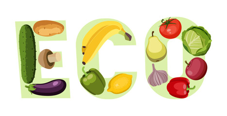 Word eco out of vegetables and fruits vector illustration. Cartoon drawings of cucumber, potato, mushroom, banana, apple, pear in shape of word. Food, diet, healthy eating, ecology concept